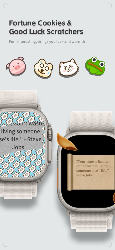 ZenRelief: Relaxing Watch Game - Apple Watch displaying fortune cookies and inspirational quotes in the ZenRelief app.