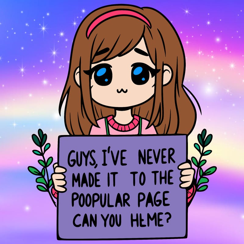 a girl holding up a sign that says, guys, i’ve never made it to the popular page, can you help me?