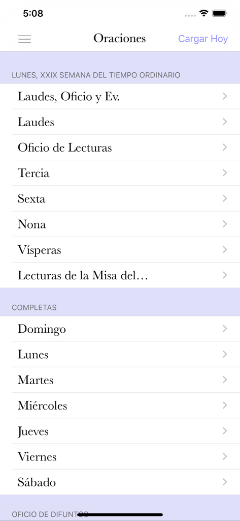 Salterio Pro - Main menu of the Salterio Pro app displaying the Catholic Liturgy of the Hours prayer list in Spanish