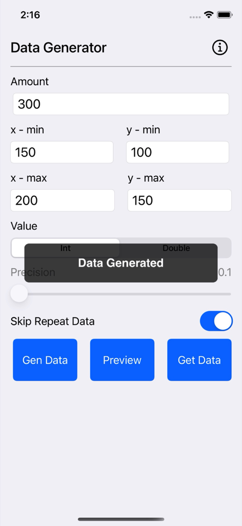 Data Generator Plus - Interfaz de la aplicación Data Generator Plus que muestra parámetros para generar datos ficticios con rangos x e y.