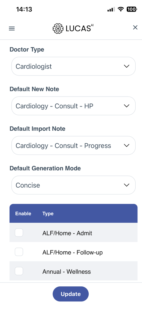 LucasAI - LucasAI app screen for configuring physician specialty and medical documentation note templates