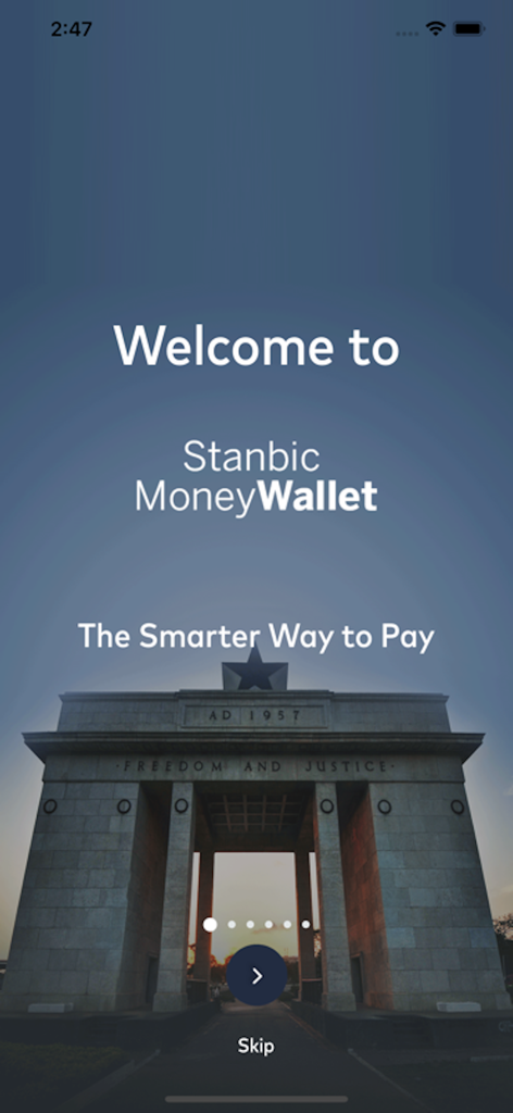 MoneyWallet - Welcome screen of Stanbic MoneyWallet app with the Black Star Gate in Accra