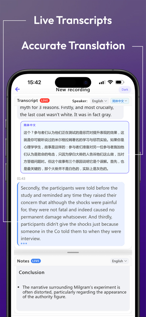 EasyNoteAI-AI Note Taker - Pantalla de la aplicación EasyNoteAI mostrando transcripción de audio en vivo con traducción en tiempo real y notas de estudio