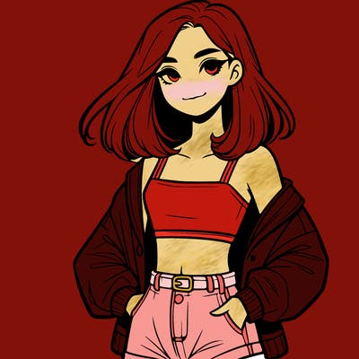 a realistic girl with a crop top and short shorts in an open jacket