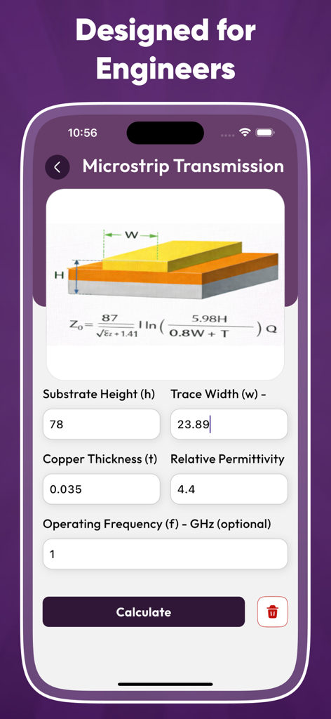 Engineer Pro Toolkit - Interfaz de la calculadora de transmisión de microcinta con fórmula y campos de entrada en la aplicación Engineer Pro Toolkit