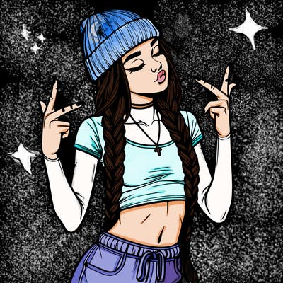 realistic teenage girl with braids and a beanie and crop top doing 🫶🏼