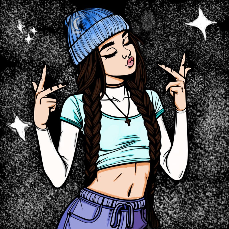 realistic teenage girl with braids and a beanie and crop top doing 🫶🏼