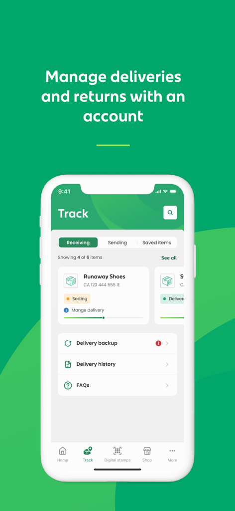 An Post app screen for tracking packages and managing delivery status