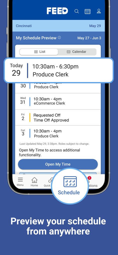 FEED Mobile app interface showing a work schedule preview for a Kroger associate with shift details and times
