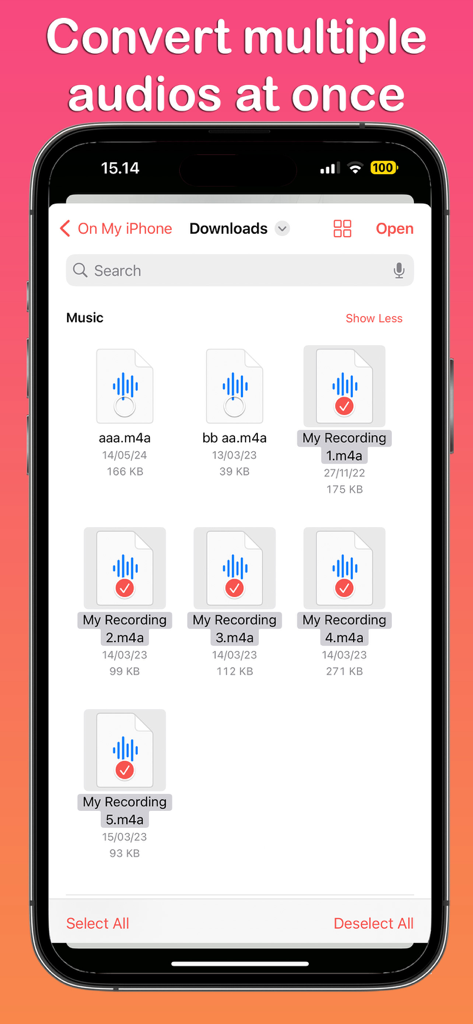 M4A to MP3 Converter ™ - iPhone App-Bildschirm, der mehrere ausgewählte M4A-Audiodateien für die Stapelkonvertierung zeigt