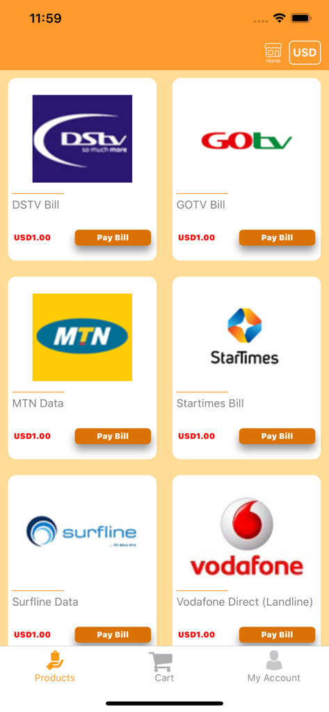 GhanaMart - GhanaMart app screen showing bill payment options for DStv GOtv MTN data and Vodafone services in USD
