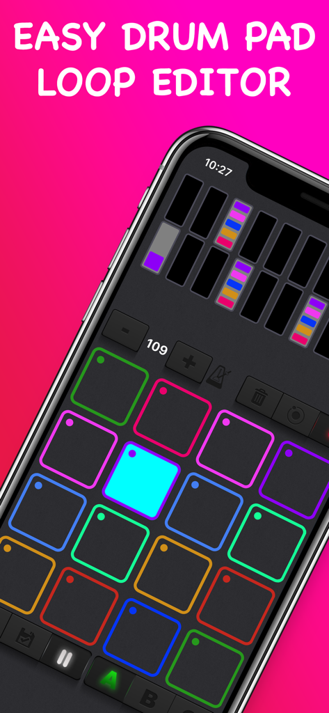 Drum & Rhythm Pad - Beat Maker - Interfaz fácil de editor de loops de pad de batería en la pantalla de un teléfono móvil.