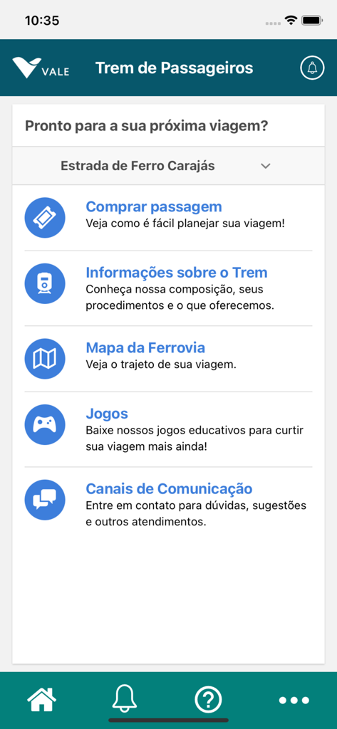 TREM DE PASSAGEIROS - Menu principal do aplicativo TREM DE PASSAGEIROS da Vale mostrando opções para comprar passagens, visualizar mapas e obter informações sobre o trem.