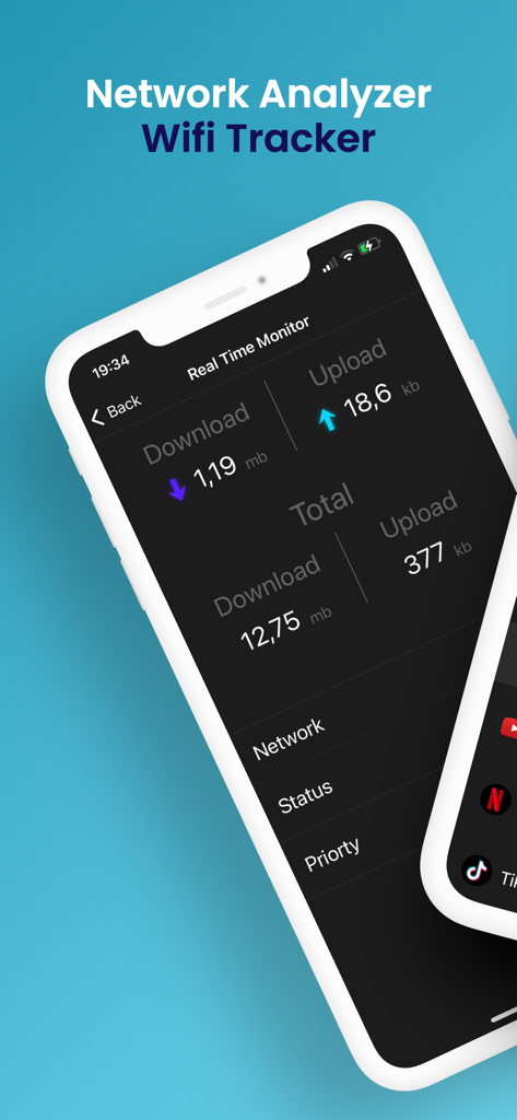 Pantalla de la app NetScan que muestra estadísticas de velocidad de subida y bajada de red en tiempo real