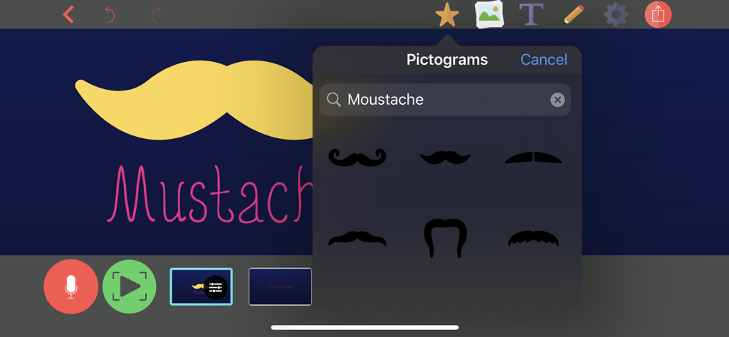 Vidra - Video Presentations - Vidra app interface showing a pictogram search menu for mustache icons on a video slide.