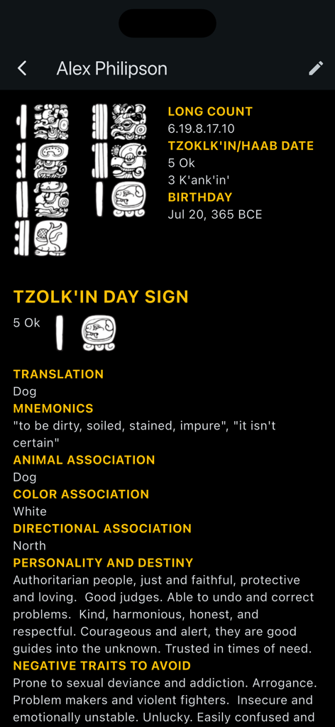 Maya Calendar - Maya-Kalender-App-Bildschirm mit Persönlichkeitsmerkmalen und astrologischen Assoziationen für das Tzolk'in-Tageszeichen Hund