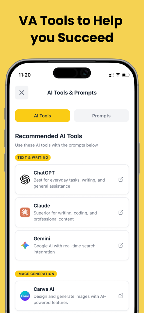 Captura de pantalla de la aplicación Josie AI mostrando herramientas de IA recomendadas para asistentes virtuales, incluyendo ChatGPT, Claude y Gemini.