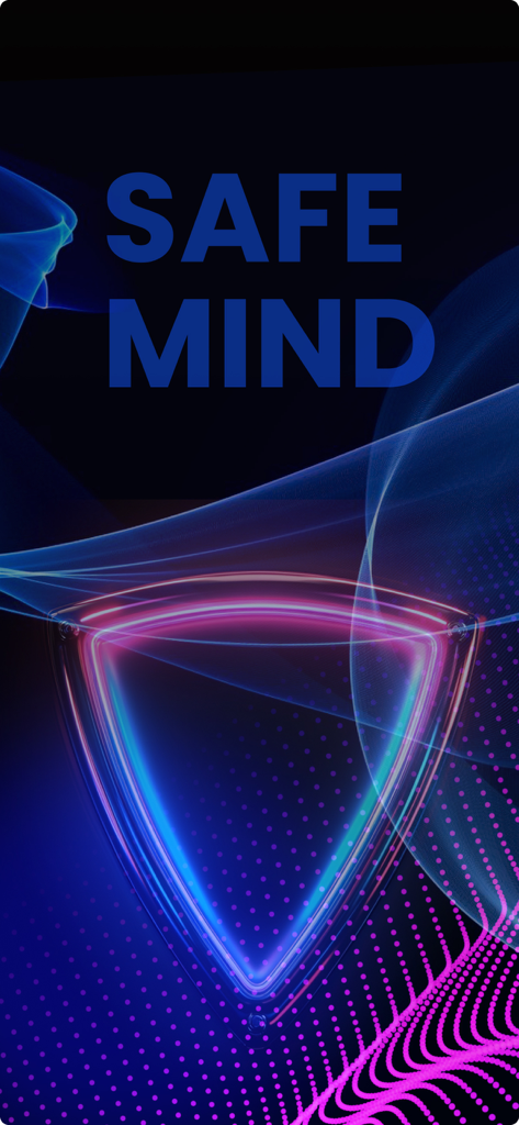 Gráfico de escudo triangular de neón con el texto Safe Mind