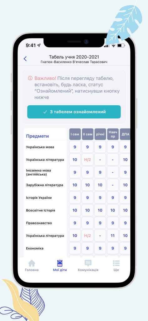 НІТ - A student's digital report card in the NIT app displaying academic grades for various subjects