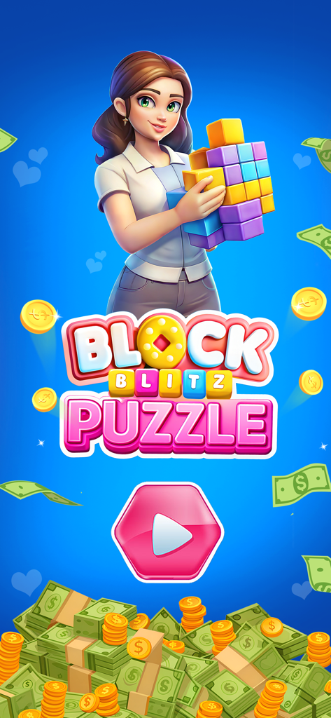 Blocks Blast: Win Real Money - A cartoon woman holding puzzle blocks surrounded by floating cash and the Block Blitz Puzzle logo