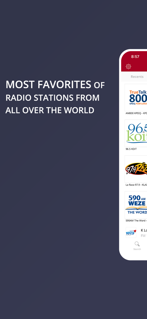 Interface do aplicativo Radio Tuner mostrando estações de rádio populares de todo o mundo