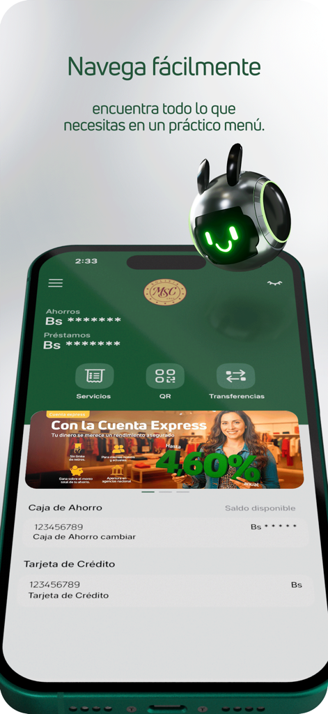 BMSC Movil app home screen showing navigation menu and account balances