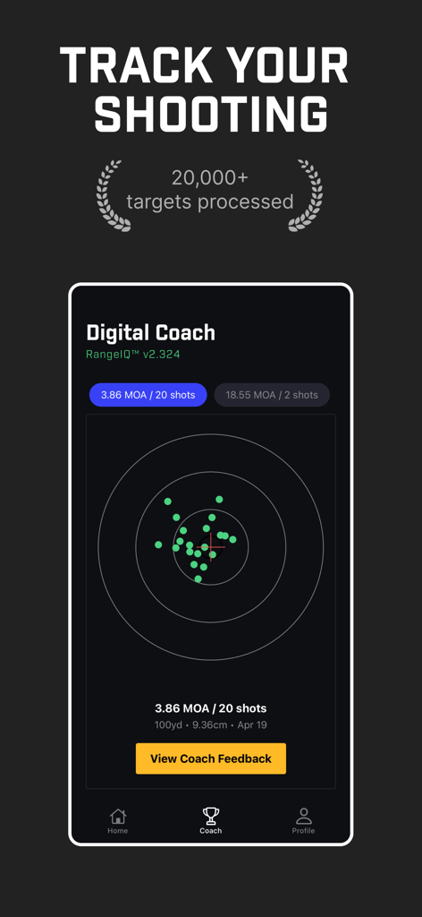 RangeDay - Ballistic x SubMOA - RangeDayアプリのインターフェイスに、デジタルコーチのターゲット分析とMOAメトリックが表示されています。