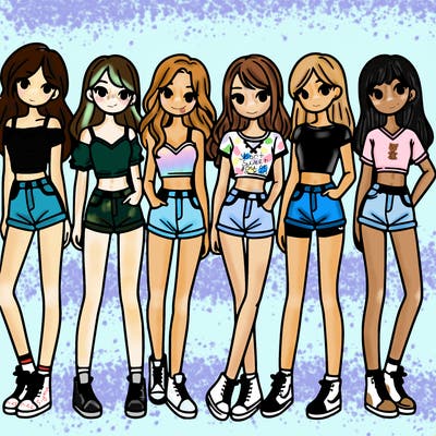 a group of girls wearing crop tops and shorts