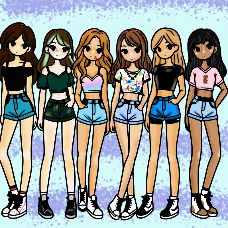 a group of girls wearing crop tops and shorts