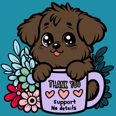 a really cute puppy holding a thank you for support mug with flowers everywhere