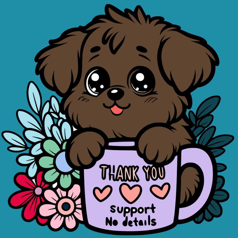 a really cute puppy holding a thank you for support mug with flowers everywhere