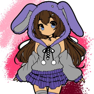 pretty anime girl wearing a fluffy hoodie with bunny ears on the hood and a skirt