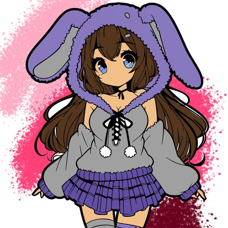 pretty anime girl wearing a fluffy hoodie with bunny ears on the hood and a skirt