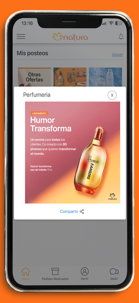 Mi Negocio Natura Bolivia - Interfaz de la app móvil mostrando un anuncio de perfume para Humor Transforma con un botón para compartir para ventas en redes sociales.
