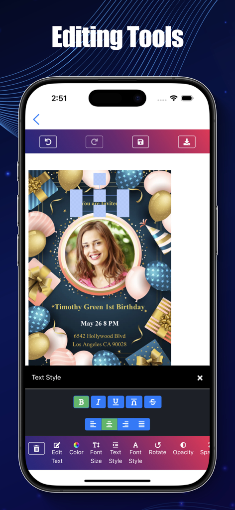 1歳の誕生日招待状カード用の高度なテキスト・写真編集ツールを表示するモバイルインターフェース