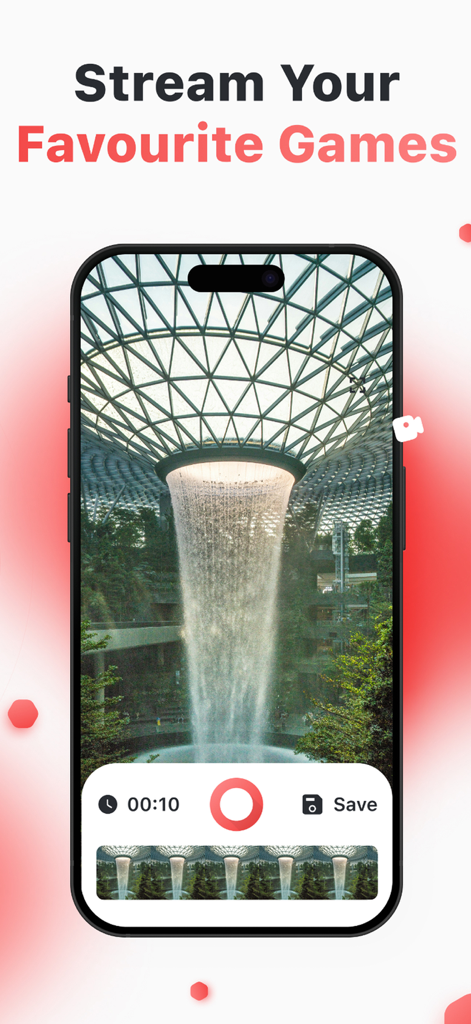 Interfaz de la app Grabadora de Pantalla de iPhone mostrando la captura de video de una cascada escénica con el texto Transmite Tus Juegos Favoritos