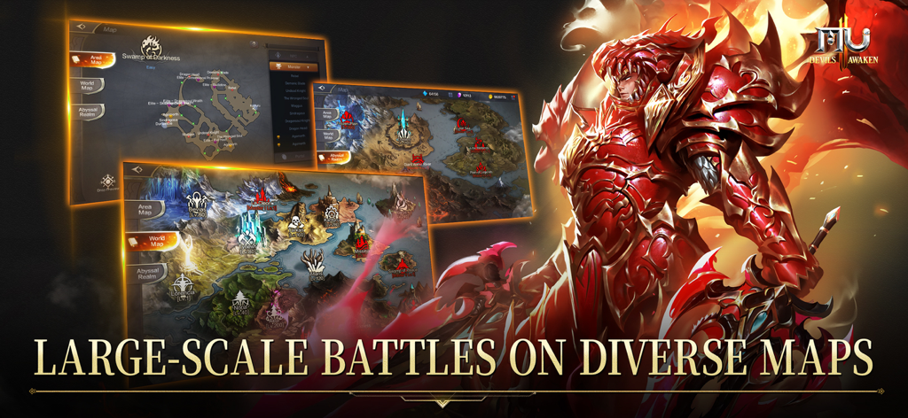 MU: Devils Awaken - A warrior in ornate red armor alongside several in-game world and area map interfaces from MU Devils Awaken