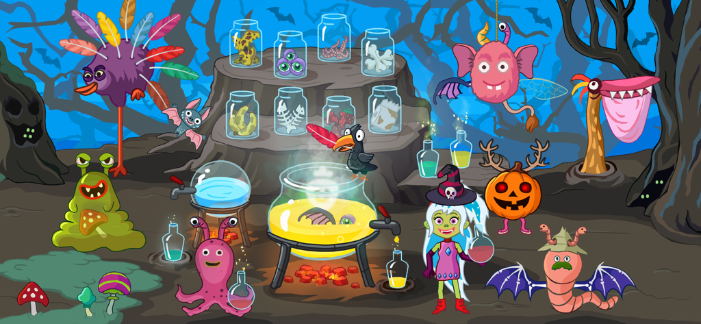 Pepi Wonder World: Magic Isles - Una linda bruja y monstruos preparando pociones en un caldero grande dentro de un bosque espeluznante.