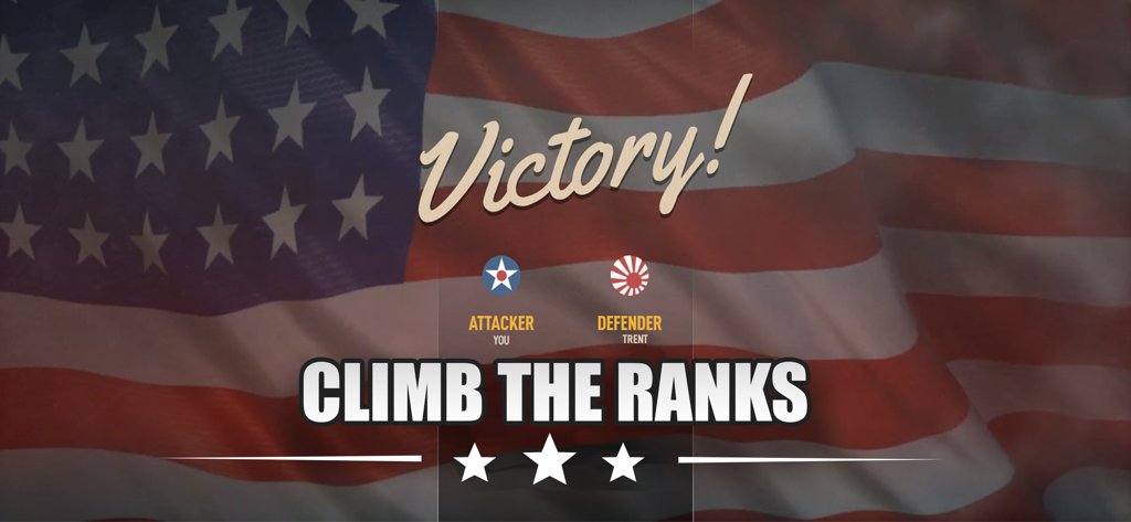 Pantalla de victoria de Axis and Allies 1942 Online mostrando un fondo de bandera estadounidense y el texto 'Sube en el ranking'