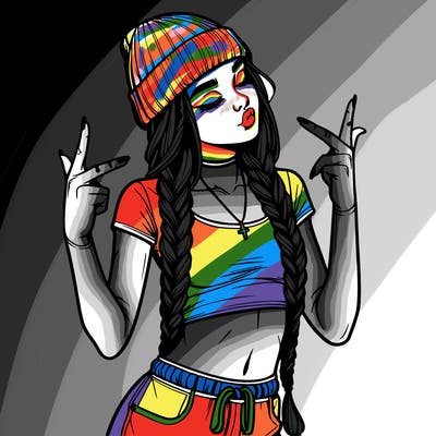 realistic teenage girl with braids and a beanie and crop top doing 🫶🏼