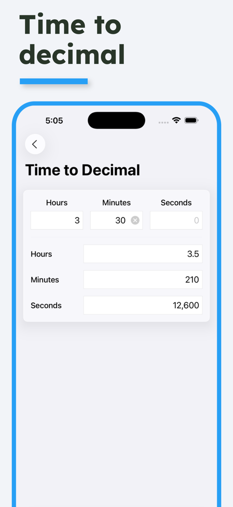 Time Calculator - Work Hours - 時間計算アプリのインターフェースのスクリーンショット。3時間30分が3.5時間（小数）に変換されていることを示しています。