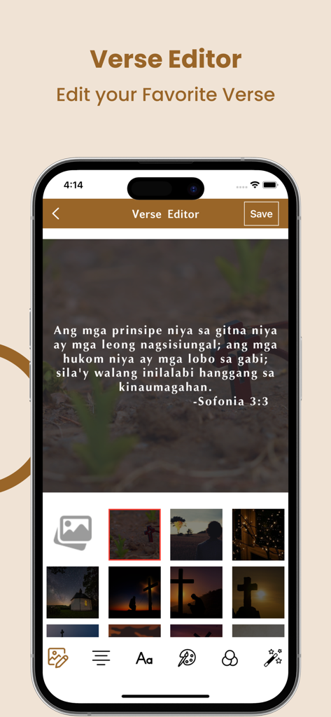 The verse editor feature in the Magandang Balita Bibliya app showing a Filipino scripture verse from Zephaniah with customizable background images.