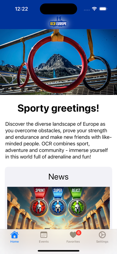 OCR Europe app home screen with obstacle course rings and Spartan medals news section.
