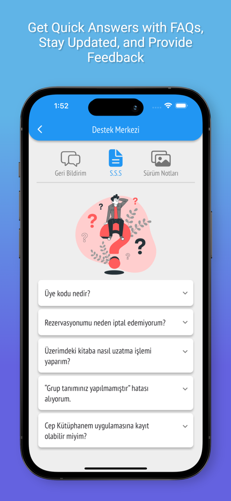 Cep Kütüphanem - Support-Center-Bildschirm der Cep Kütüphanem App mit häufig gestellten Fragen zur Bibliotheksverwaltung.