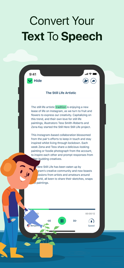 Text To Speech : Audio Books - テキスト読み上げアプリのインターフェース。単語ハイライト付きの記事が表示されており、ユーザーが庭仕事をしている様子