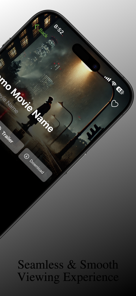 iPTV Player plus-Oberfläche auf einem iPhone, die eine Filmseite mit Download- und Trailer-Schaltflächen anzeigt