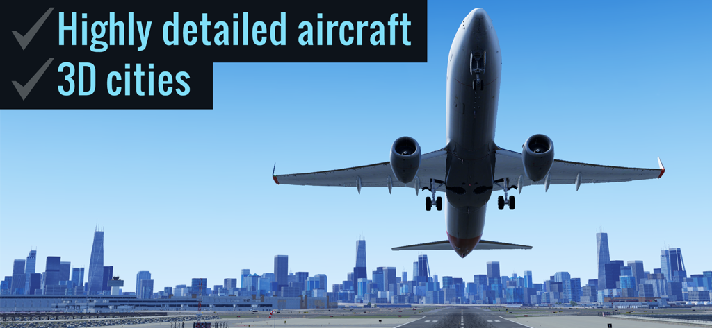 Um avião comercial detalhado decolando sobre uma paisagem urbana 3D no X-Plane Flight Simulator.