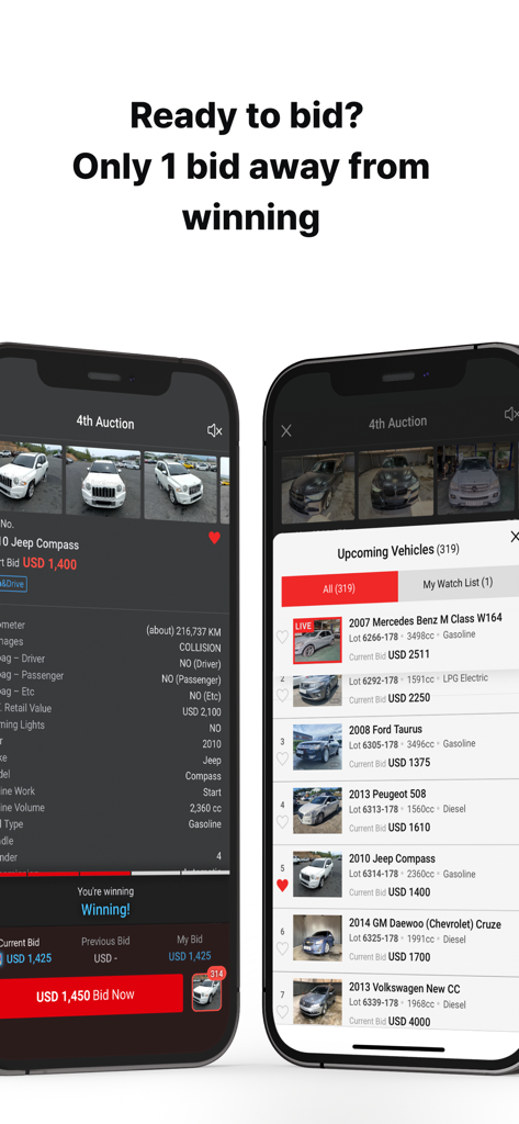 Two mobile phone screens displaying the Auctionwini app interface with a live car auction and a list of upcoming vehicles