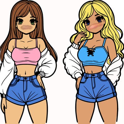 2 girls with a crop top and short shorts