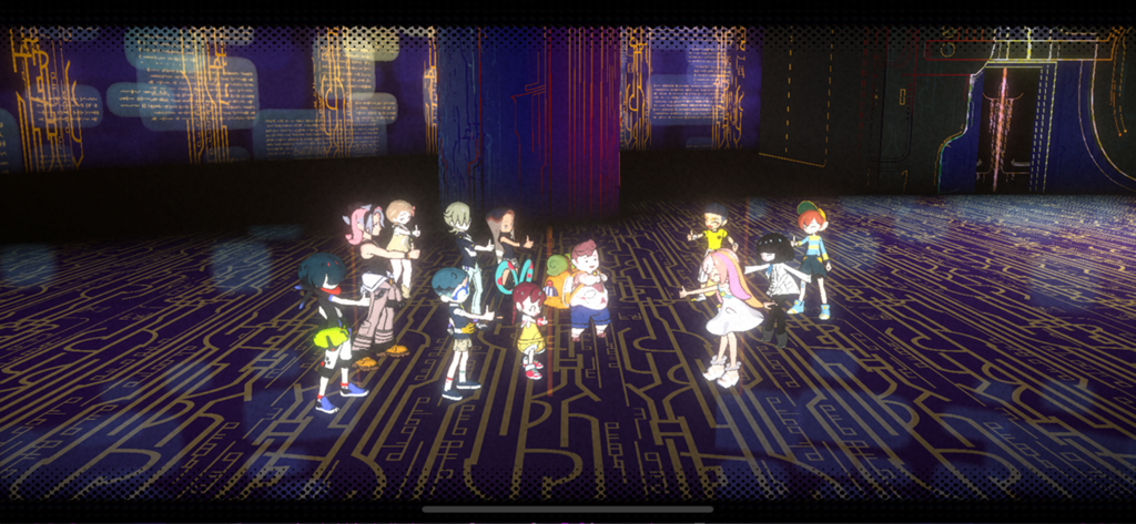 World's End Club - A group of twelve anime style characters standing together in a glowing room with digital circuit patterns in Worlds End Club